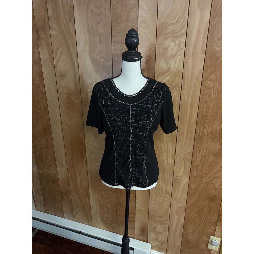 Solgil Black Beaded Sequin Grid Short Sleeve Top Women Small